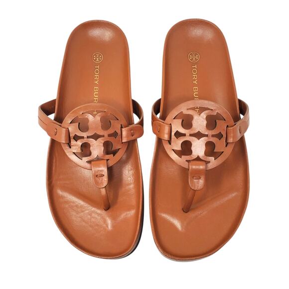 Tory Burch Miller Cloud Thong Sandals Calf Leather Aged Camello Brown Size 9.5 M - Picture 2 of 10
